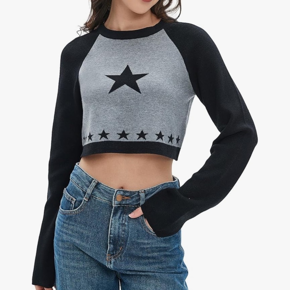 Chic Nation Black and Gray Star Crop Sweater